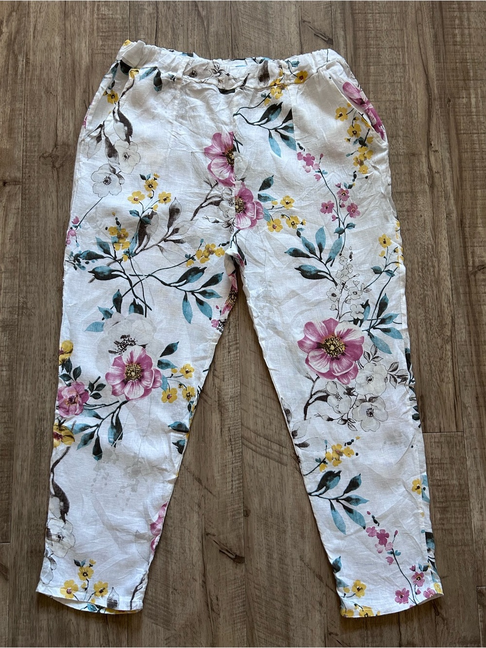 Linen White Floral Print Pull-On pockets boho lagenlook beachy made in Italy